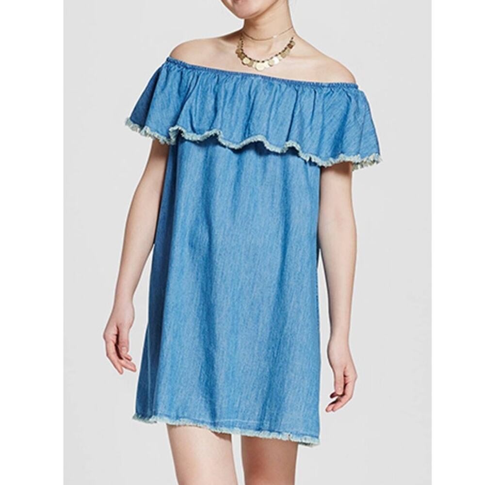 Mossimo Supply Women's Off The Shoulder Denim Chambray Dress Frayed Hem Size L
